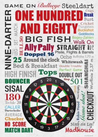 Darts-Poster mit Dartscheibe und Begriffen wie 180, Checkout und Bullseye