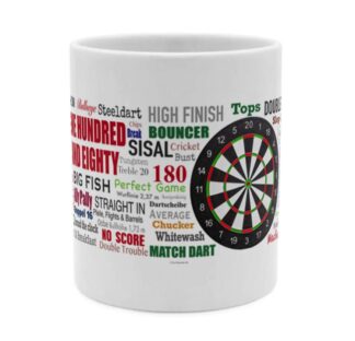Darts-Tasse von vorne: Dartscheibe mit Begriffen wie High Finish, 180, Bouncer und Match Dart