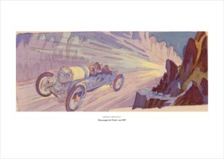 Ernest Montaut, Rennwagen bei Nacht mit Scheinwerfern unter violettem Himmel – Vintage-Motorsport-Poster