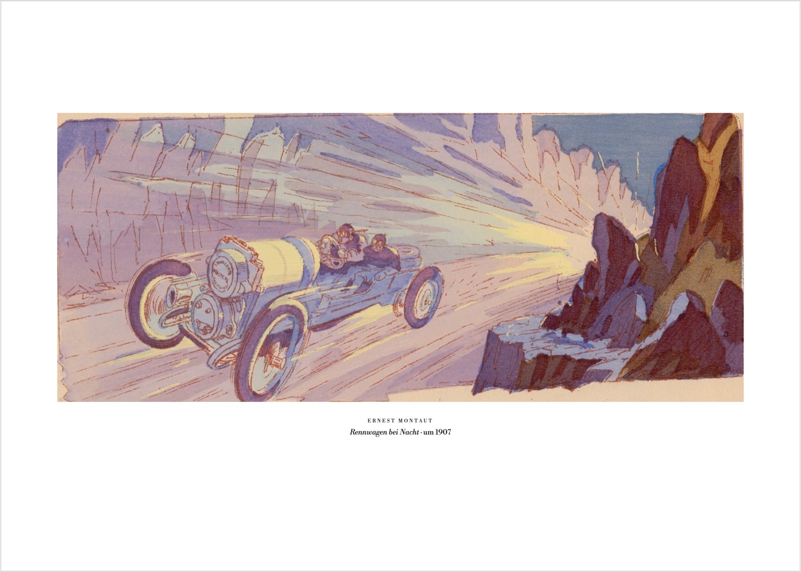 Montaut – Rennwagen bei Nacht | Poster und Leinwand 1 Ernest Montaut, Rennwagen bei Nacht mit Scheinwerfern unter violettem Himmel – Vintage-Motorsport-Poster