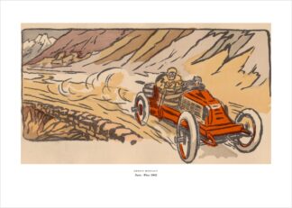 Ernest Montaut, Paris–Wien 1902: roter Rennwagen in der Staubfahne – Vintage-Autorennen als Poster