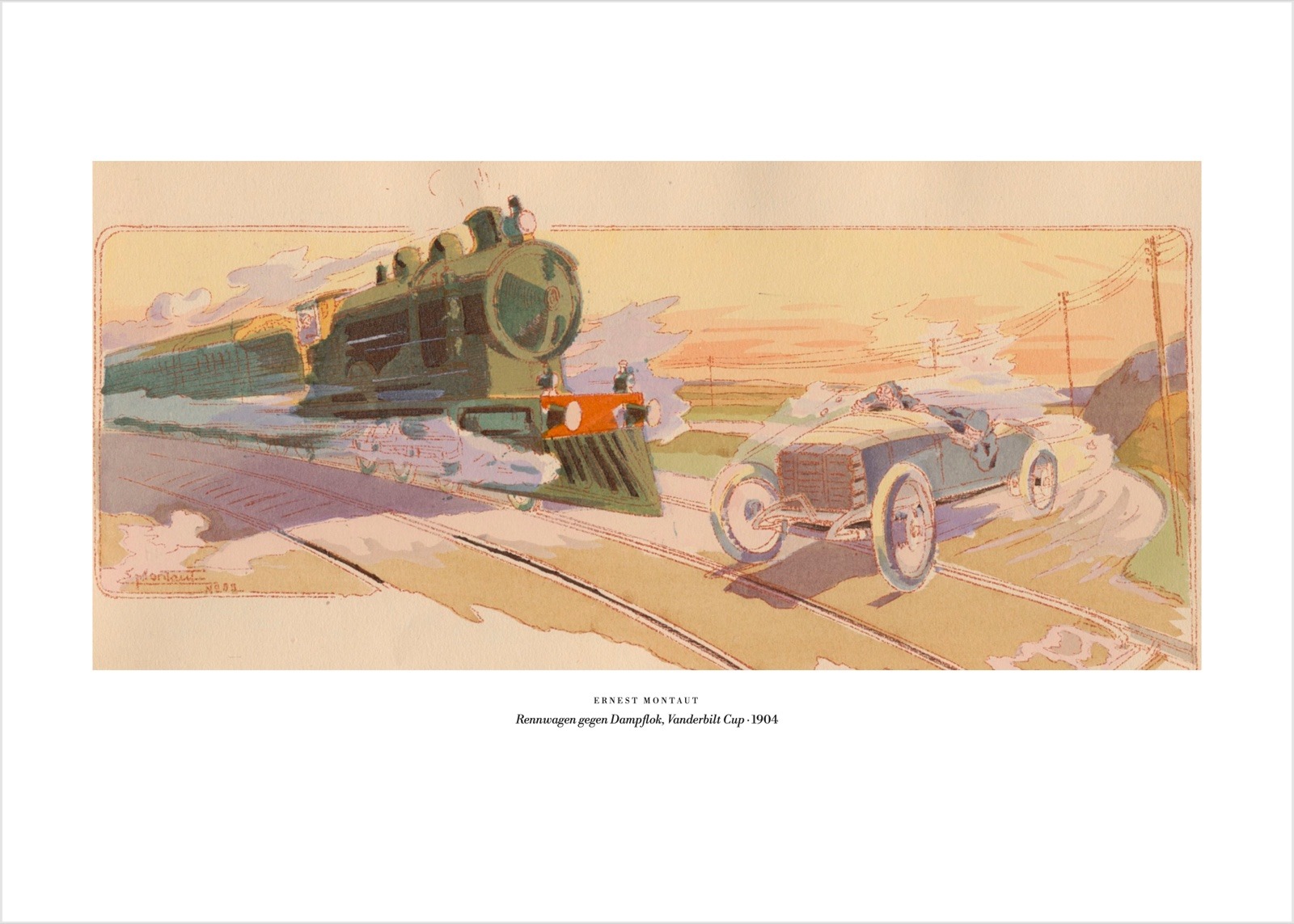 Montaut – Rennwagen gegen Dampflok 1904 | Poster und Leinwand 1 Ernest Montaut, Rennwagen gegen Dampflok, Vanderbilt Cup 1904 – Vintage-Poster